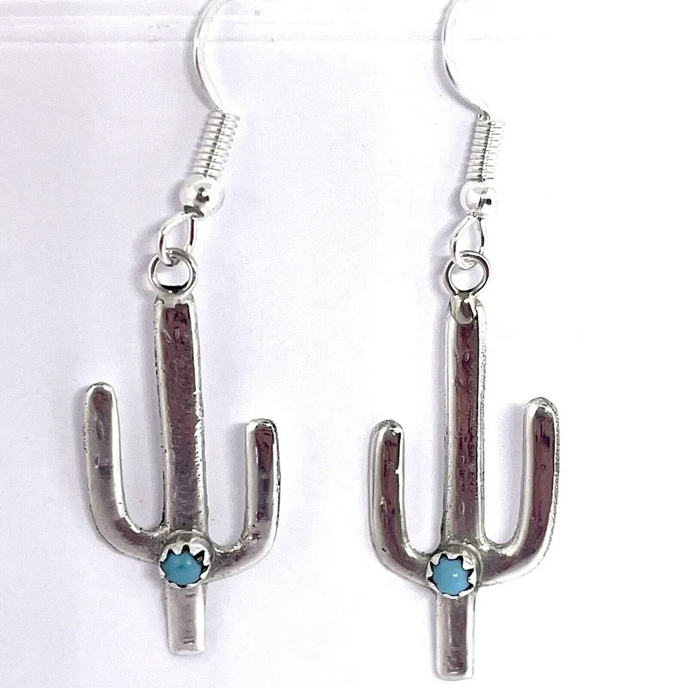 Navajo Saguaro Cactus Earrings Turquoise 2in Hook Snake Eye Native Amer Sterling